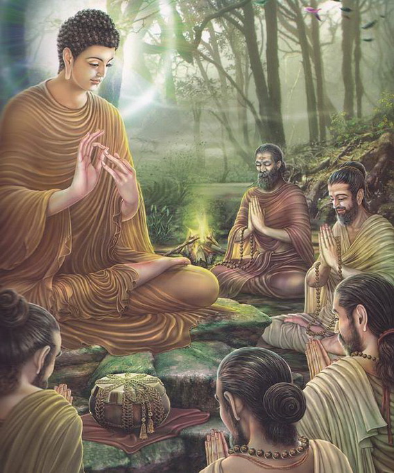 ภาพวาดพระพุทธองค์ทรงแสดงปฐมเทศนาแก่ปัญจัควัคคีย์ทั้ง 5